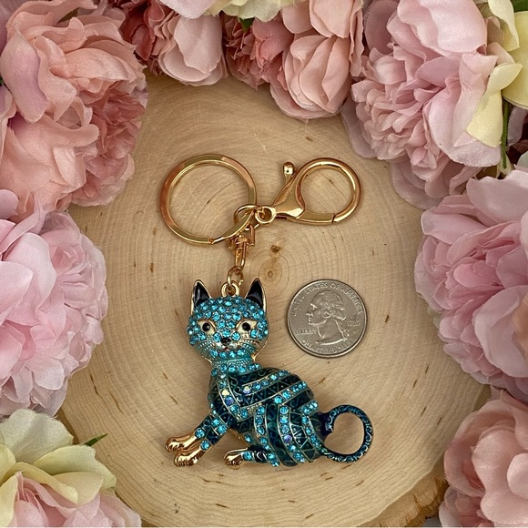 Blue Striped Crystal Egyptian Tabby Cat Keychain Charm - Picture 15 of 16